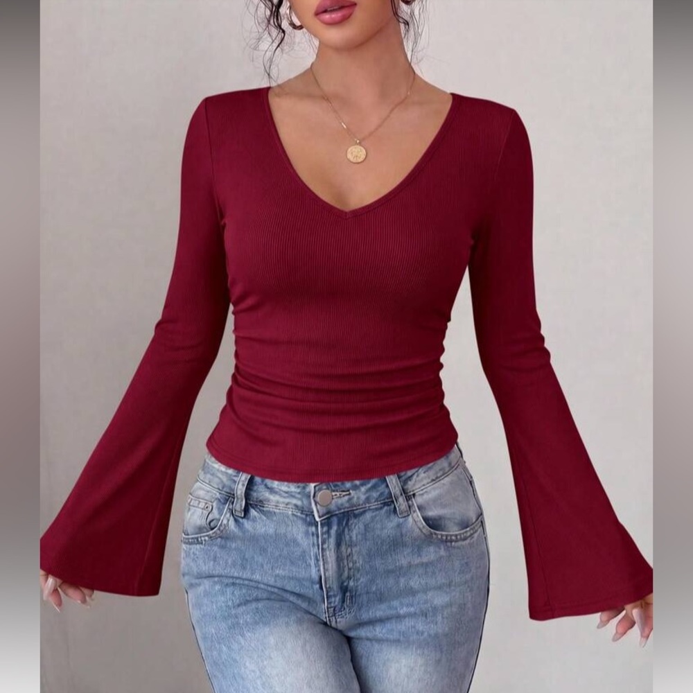 Women's Burgundy  V-Neck Bell Sleeve Top